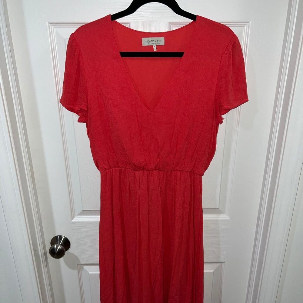 WAYF - Coral Short-Sleeve V-Neck Midi Dress (M)